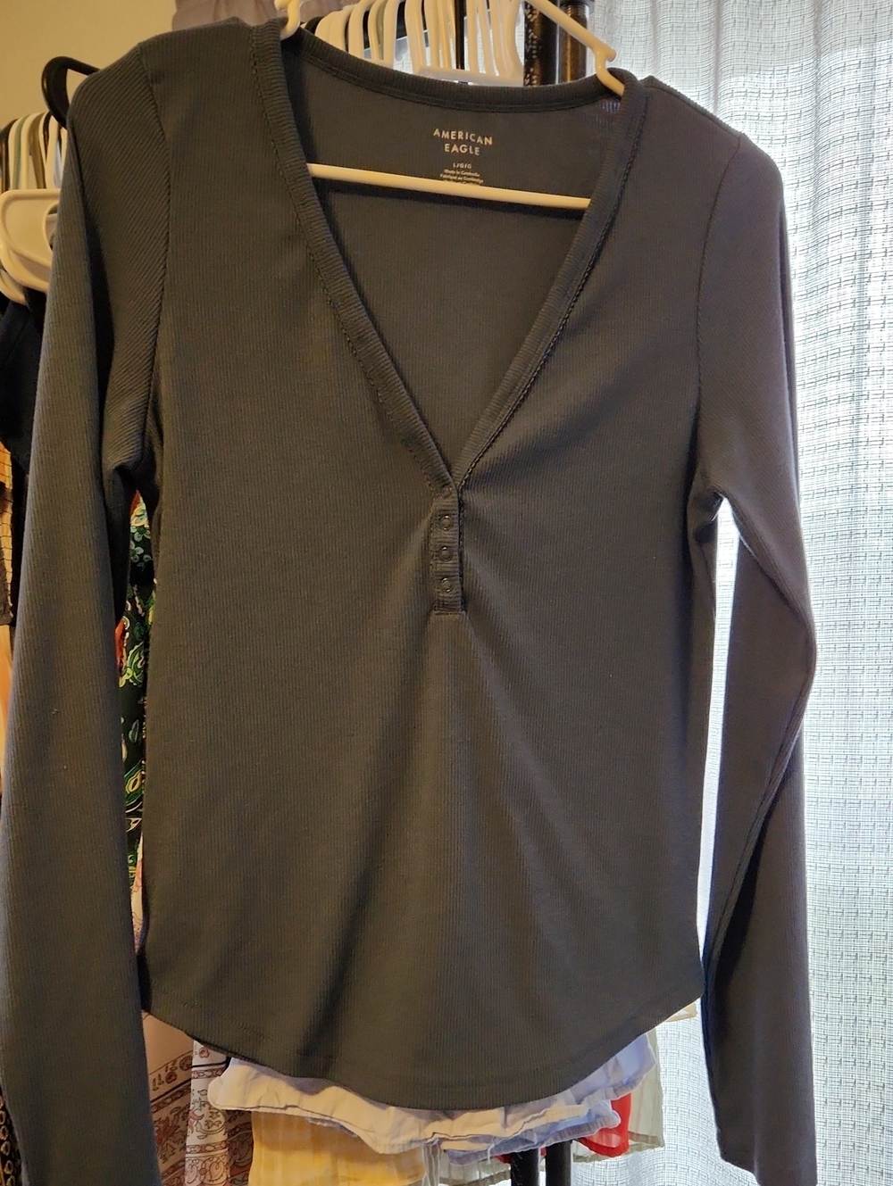 American Eagle Outfitters Long Sleeve V-Neck Henley Top - Blue